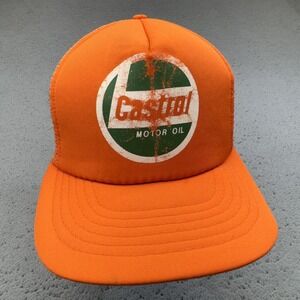 Vintage Castrol Hat Cap Snap Back Orange Mesh Trucker Patch Graphic Mens 80s